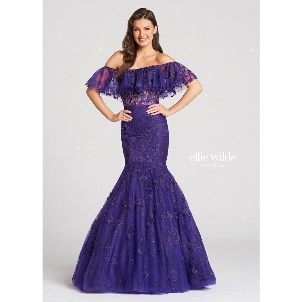 Ellie Wilde Boho Off Shoulder Lace Dress EW118110 Purple